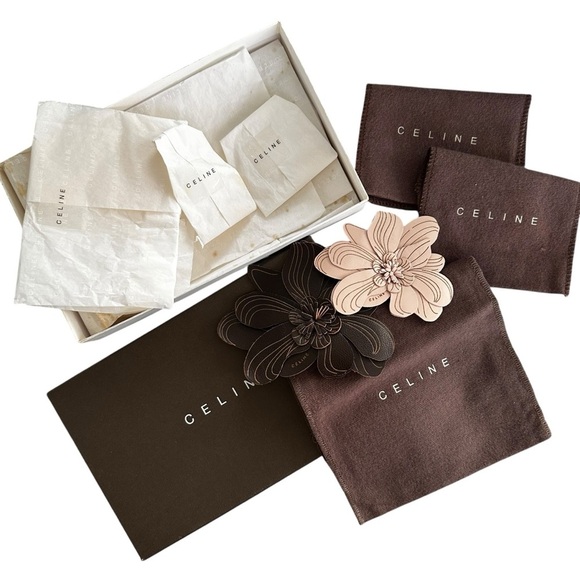 RARE Authentic Celine Leather Floral Set of Brooch Pins with Dust Bags & Box - Picture 11 of 12